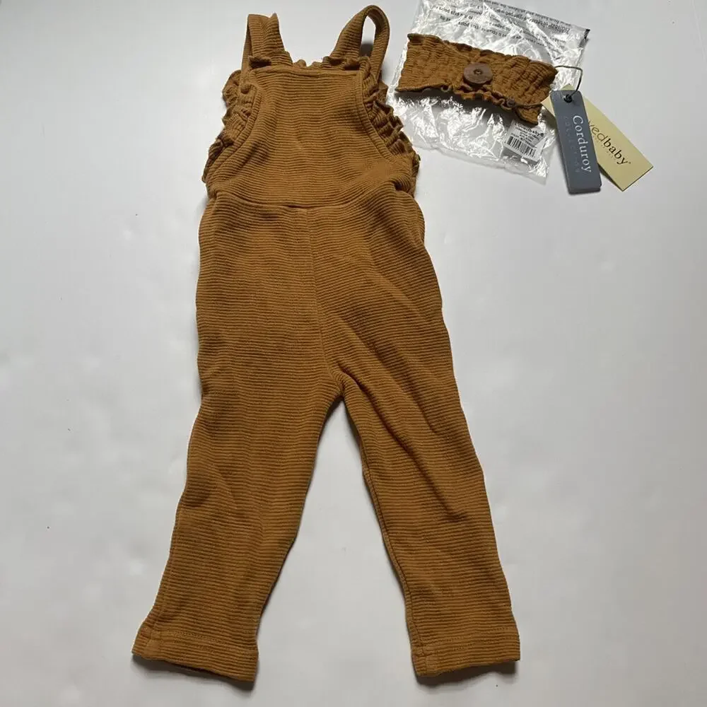 NEW L'ovedbaby Butterscotch Mustard Yellow Corduroy Romper Overalls Headband